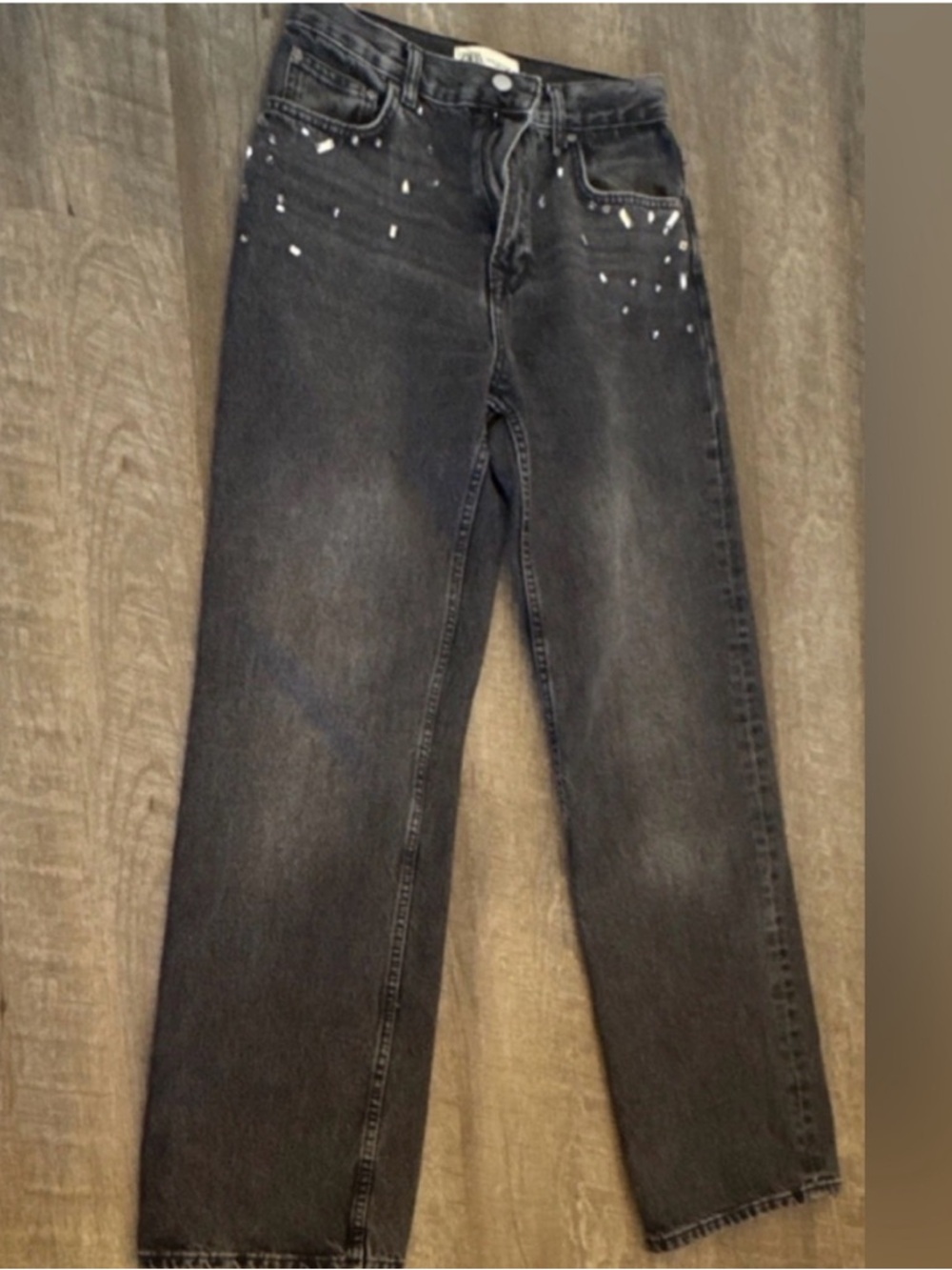 Zara, Studded Dark Gray Straight Leg Jeans, US 4, EUR 36, Jeweled Denin